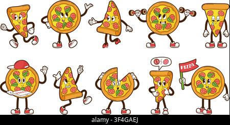 Pizza groovy characters. Funny pizzeria mascots, round and triangle pieces. Italian cuisine food, fast food delivery. Tasty snacks neoteric vector set Stock Vector