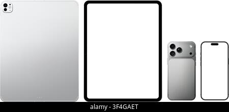 Photorealistic silver mobile devices collection mockup: smartphone and tablet pc. Front and back views isolated on transparent background. Vector PNG Stock Vector