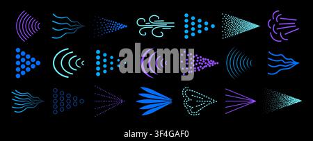 Spray mist icon pack isolated on black background. Blue spray steam icons. Fluid, air, aerosol cloud, nebulizer, steam spraying symbols set. Vector il Stock Vector