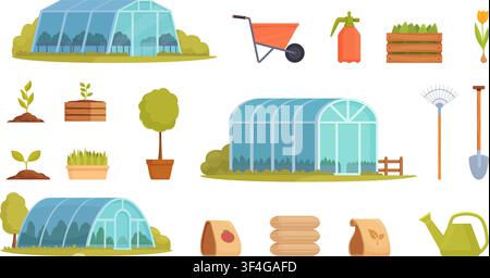 Greenhouse equipment. Farming elements, different tools, soil packaging, plants in pots. Different agriculture cartoon elements, glass buildings Stock Vector