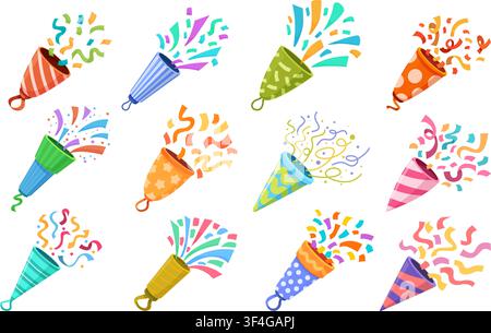 Cartoon confetti poppers. Celebrating elements, festive firecrackers with bright ribbons. Decorative accessories for birthday, party, anniversary Stock Vector