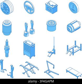 Isometric car service elements. Wheels, car repair tools, truck parts. Garage equipment, oil change, battery charging. Flat 3d nifty vector clipart Stock Vector