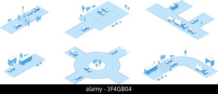Isometric line road scenes. Cars and trucks on roads, circle traffic, stop, on parking. Different route situations in city and on highway, nifty Stock Vector