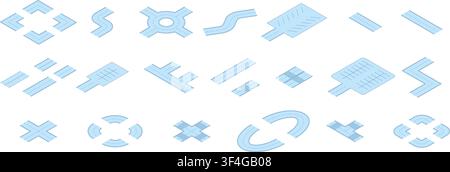 Isometric highway elements. Different parkings for cars and trucks. Crossroad, circle traffic, road parts with different markings. Routes nifty vector Stock Vector