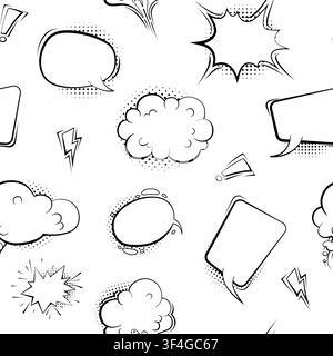 Black and white comic speech bubbles and lightning bolts seamless vector pattern Stock Vector