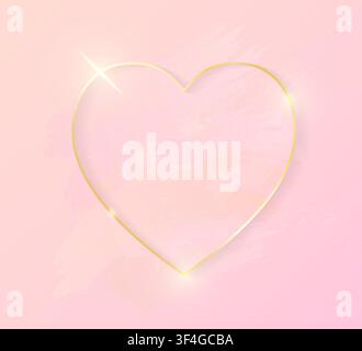 Gold shiny glowing heart frame with rose pastel brush strokes isolated on pink background. Golden luxury line border for invitation, card, sale, fashi Stock Vector