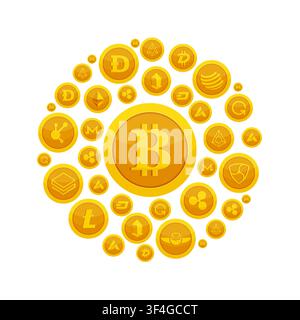 Gold cryptocurrency coins with Bitcoin, Litecoin, Ethereum and Dogecoin vector illustration Stock Vector