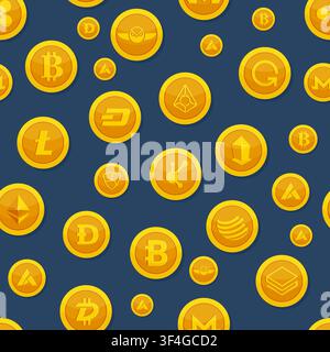 Cryptocurrency coins Bitcoin Litecoin Ethereum Dash seamless vector pattern Stock Vector