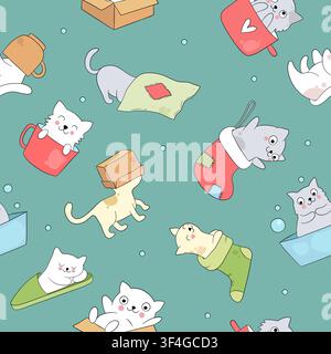 Cute cartoon cats in mugs, boxes and stockings seamless vector pattern Stock Vector