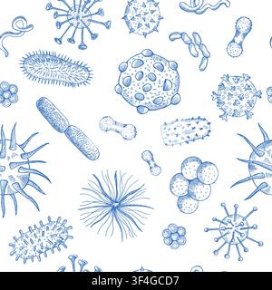 Hand drawn bacteria and virus sketch seamless vector pattern Stock Vector