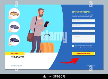 Taxi booking service man with luggage website landing page template Stock Vector