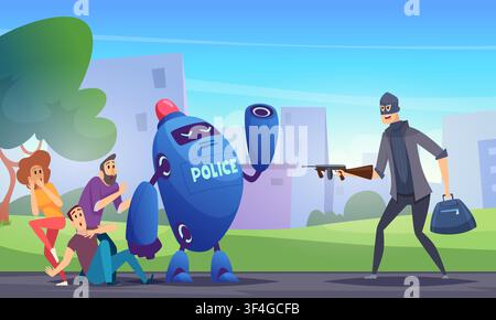Police robot mascot protecting scared couple from armed robber vector illustration Stock Vector