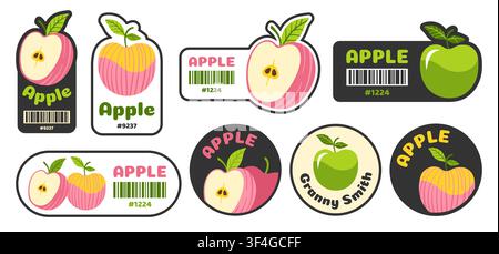 Apple fruit barcode label set. Trendy retro badges with organic fresh quality tag for supermarket, farm shop and grocery store packaging. Cartoon flat sticker tropical design. Vector illustration art Stock Vector