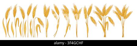 Wheat ear sheaf, bouquet and bundle icon set. Golden cereal grain spikelet, stalk and wreath symbols for bakery, bread, beer logo, packaging. Agriculture harvest farm design. Vector illustration Stock Vector