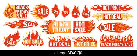 Flaming Black Friday sticker set. Hot sale badges, burning price tags, fire frame promotional labels, shopping discount advertising burn banners. Marketing offer template design. Vector illustration Stock Vector