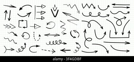 Set of black grunge hand drawn arrows isolated on school blue notebook retro realistic seamless texture. Vector illustration Stock Vector