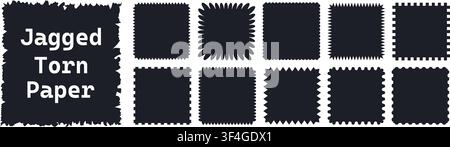 Zig zag style edge square frames set. Black jagged rectangular elements graphic design elements pack isolated on transparent background. Vector PNG Stock Vector