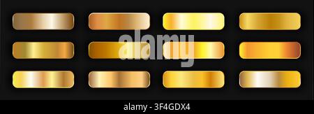 Realistic gold gradient texture pack 12 in 1. Fill and stroke effects. Shiny golden metal foil gradient set. Golden buttons with shadows. Vector illus Stock Vector