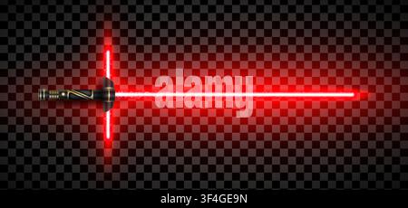 New realistic design red two handed neon sword isolated on dark transparent background. Close combat laser energy weapon. Vector illustration Stock Vector
