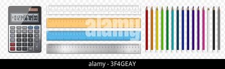 Realistic education equipment pack: colored pencils, calculator and rulers. School or office school supplies isolated on transparent background. Vecto Stock Vector