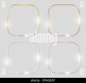Yellow and pink gold, silver and bronze shiny glowing vintage frames with shadows pack isolated on transparent background. Golden luxury realistic rou Stock Vector