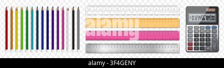 Realistic education equipment pack: colored pencils, calculator and rulers. School or office school supplies isolated on transparent background. Vecto Stock Vector