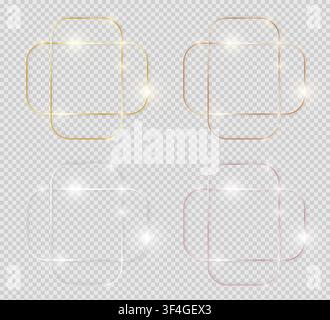 Yellow and pink gold, silver and bronze shiny glowing vintage frames with shadows pack isolated on transparent background. Golden luxury realistic rou Stock Vector