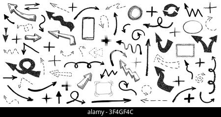 Set of black grunge doodle hand drawn arrows, plus signs and border frames isolated on white background. Sketch style ink symbols collection. Vector i Stock Vector