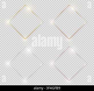 Yellow and pink gold, silver and bronze shiny glowing vintage frames with shadows pack isolated on transparent background. Golden luxury realistic rho Stock Vector