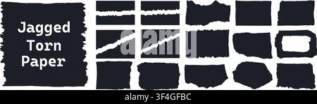 Jagged black paper torn pack isolated on white background. Rectangle, square and parts set of jagged edge shapes. Rectangle torn paper shape. Grunge b Stock Vector