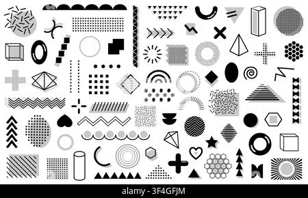 Mega pack of greycscale memphis geometric shapes isolated on white background. Vector illustration Stock Vector