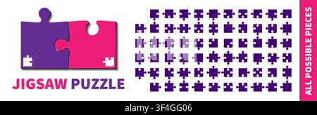 Detailed various shapes puzzles. Jigsaw puzzle template. All possible pieces shapes. Separate matching puzzle elements. Vector illustration Stock Vector