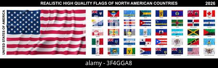 Realistic Flags of North American countries isolated on white background. Silk atlas detailed fabric flag. 2026 America flags. Vector illustration Stock Vector