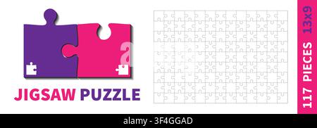 Detailed various shapes puzzle grid. Jigsaw puzzle blank template. 13x9 shapes, 117 pieces. Separate matching puzzle elements. Vector illustration Stock Vector
