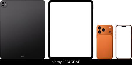 Photorealistic black tablet pc and orange smartphone. Mobile devices collection mockup. Front and back views isolated on transparent background. Vecto Stock Vector