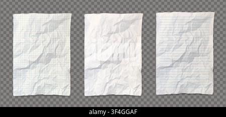 Pack of realistic white crumpled papers with shadow isolated on a transparent background. Empty notebook sheets - checkered, clean and line. Notepook Stock Vector