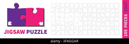 Detailed various shapes puzzle grid. Jigsaw puzzle blank template. 15x7 shapes, 105 pieces. Separate matching puzzle elements. Vector illustration Stock Vector