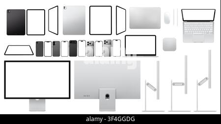 Photorealistic modern smart devices collection mockup: smartphone, pc, laptop, tablet, stylus, mouse, display. Black, silver and gray. Front, back, re Stock Vector