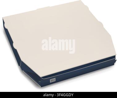 Photorealistic ivory and blue closed paper cardboard pizza box mockup isolated on transparent background. Food delivery degradable package. Vector PNG Stock Vector