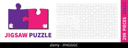 Detailed various shapes puzzle grid. Jigsaw puzzle blank template. 23x13 shapes, 299 pieces. Separate matching puzzle elements. Vector illustration Stock Vector