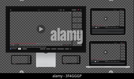 Video player template with side playlist night view for web and mobile apps on phones, monitor, laptop and tablet isolated on dark transparent backgro Stock Vector