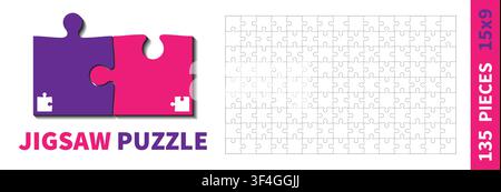 Detailed various shapes puzzle grid. Jigsaw puzzle blank template. 15x9 shapes, 135 pieces. Separate matching puzzle elements. Vector illustration Stock Vector