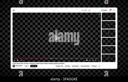 Black and white video player template with side playlist for web and mobile apps isolated on transparent background. Vector illustration Stock Vector
