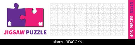 Detailed various shapes puzzle grid. Jigsaw puzzle blank template. 31x13 shapes, 403 pieces. Separate matching puzzle elements. Vector illustration Stock Vector