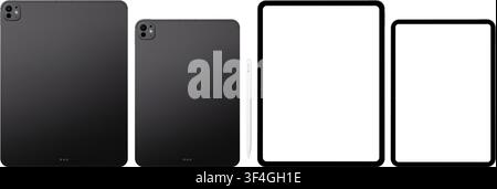 Photorealistic detailed modern black tablet mockup pack with stylus. Front and rear view isolated on transparent background. Vector PNG Stock Vector