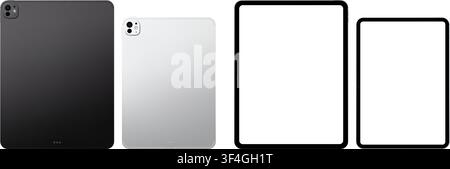 Photorealistic detailed modern black and silver tablet mockup pack. Front and rear view isolated on transparent background. Vector PNG Stock Vector