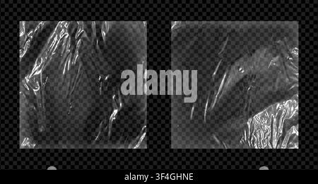 Realistic square plastic wrap overlay pack isolated on transparent background. Wrapping polyethylene texture. Vector illustration Stock Vector