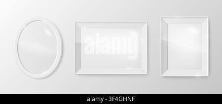 Realistic vintage classic photo frames pack mockup with ineer glass isolated on white wall background. Rectangle, oval borders. Invitation, sale, memo Stock Vector