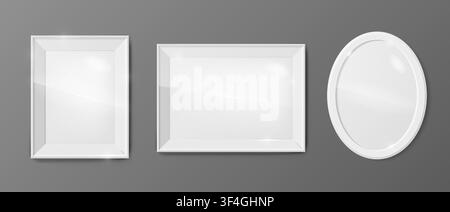 Realistic vintage classic photo frames pack mockup with ineer glass isolated on grey wall background. Rectangle, oval borders. Invitation, sale, memor Stock Vector