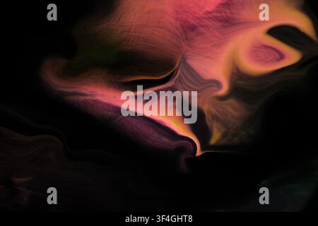 Abstract flowing shapes in pink, orange and purple tones emerge against a dark background, creating a luminous organic pattern with soft curves and la Stock Photo